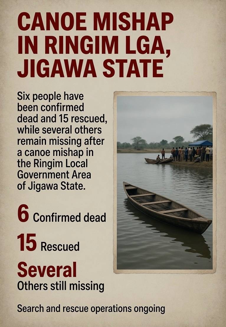 Tragedy strikes Ringim: 6 confirmed dead, 15 rescued as canoe capsizes in Jigawa.
Six lives have b...