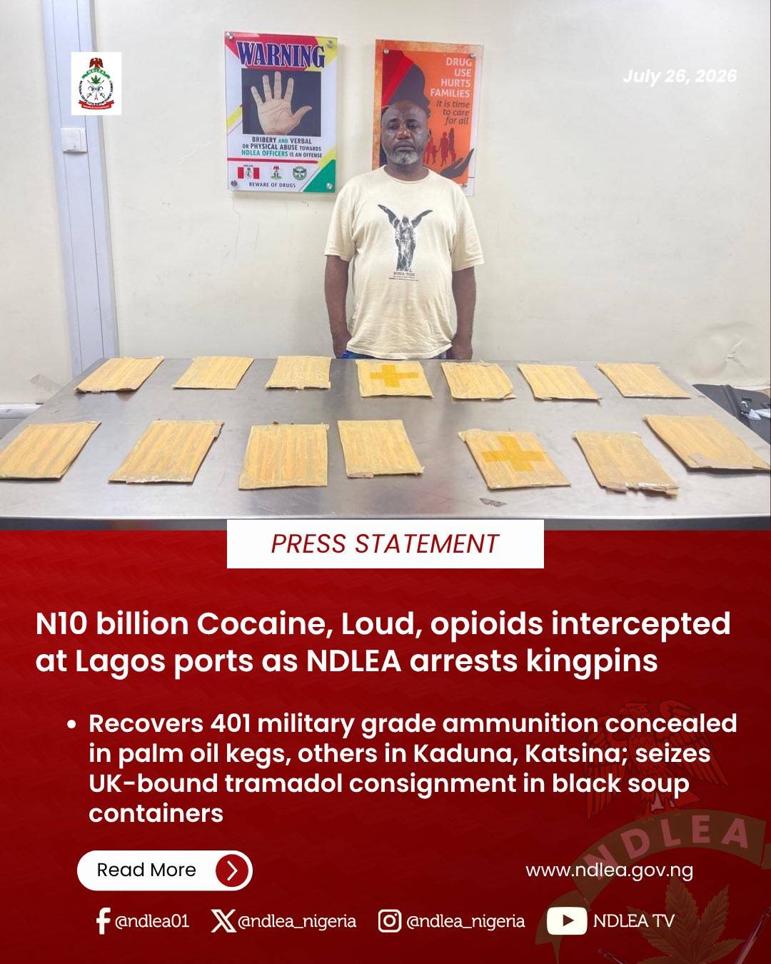10 billion naira worth of Cocaine, Loud, opioids intercepted at Lagos ports as NDLEA arrests kingpi...