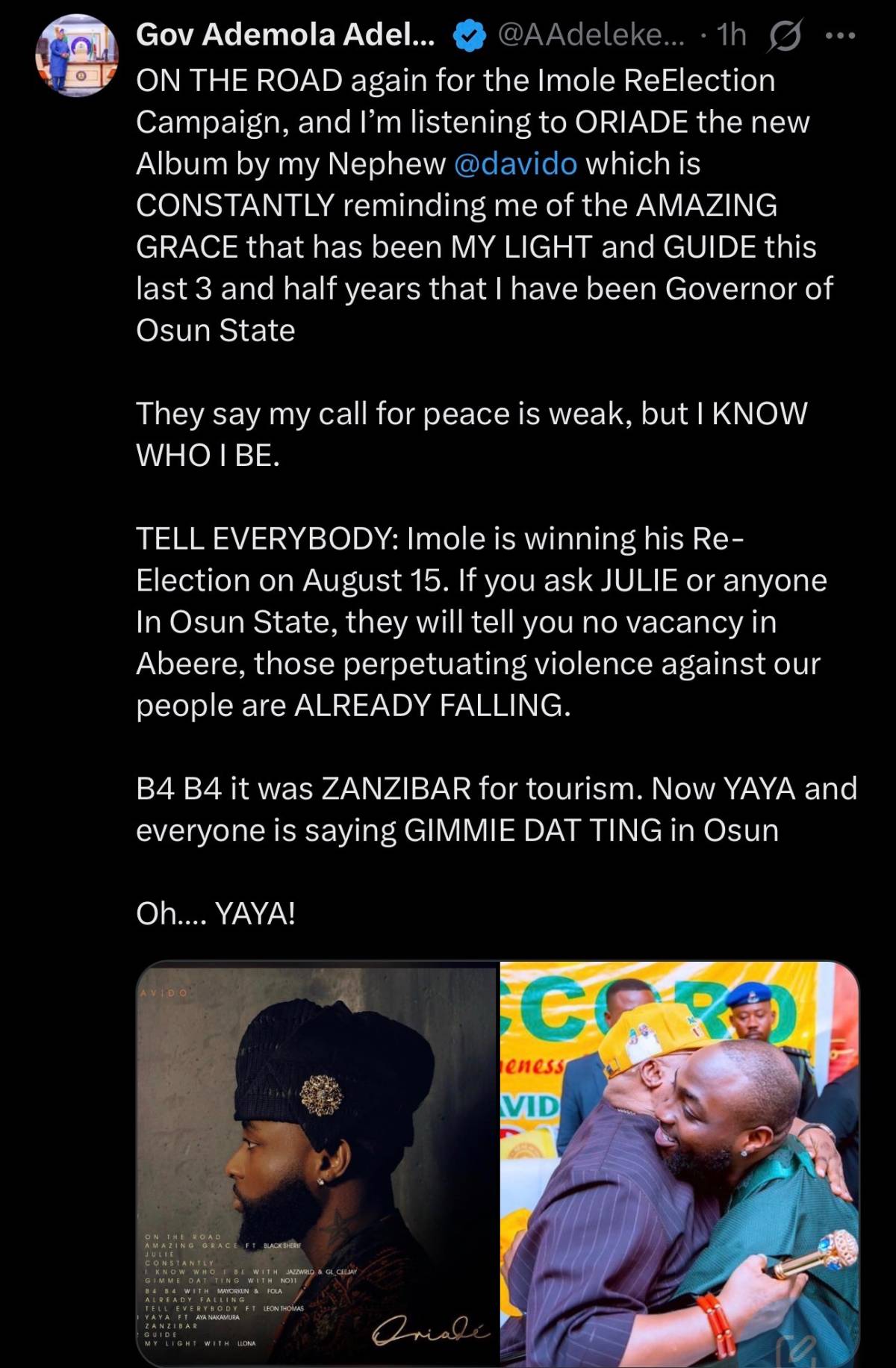 Davido’s uncle the Governor of osun state campaign using the singers new album 💿 Oriade.
Family ❤️...