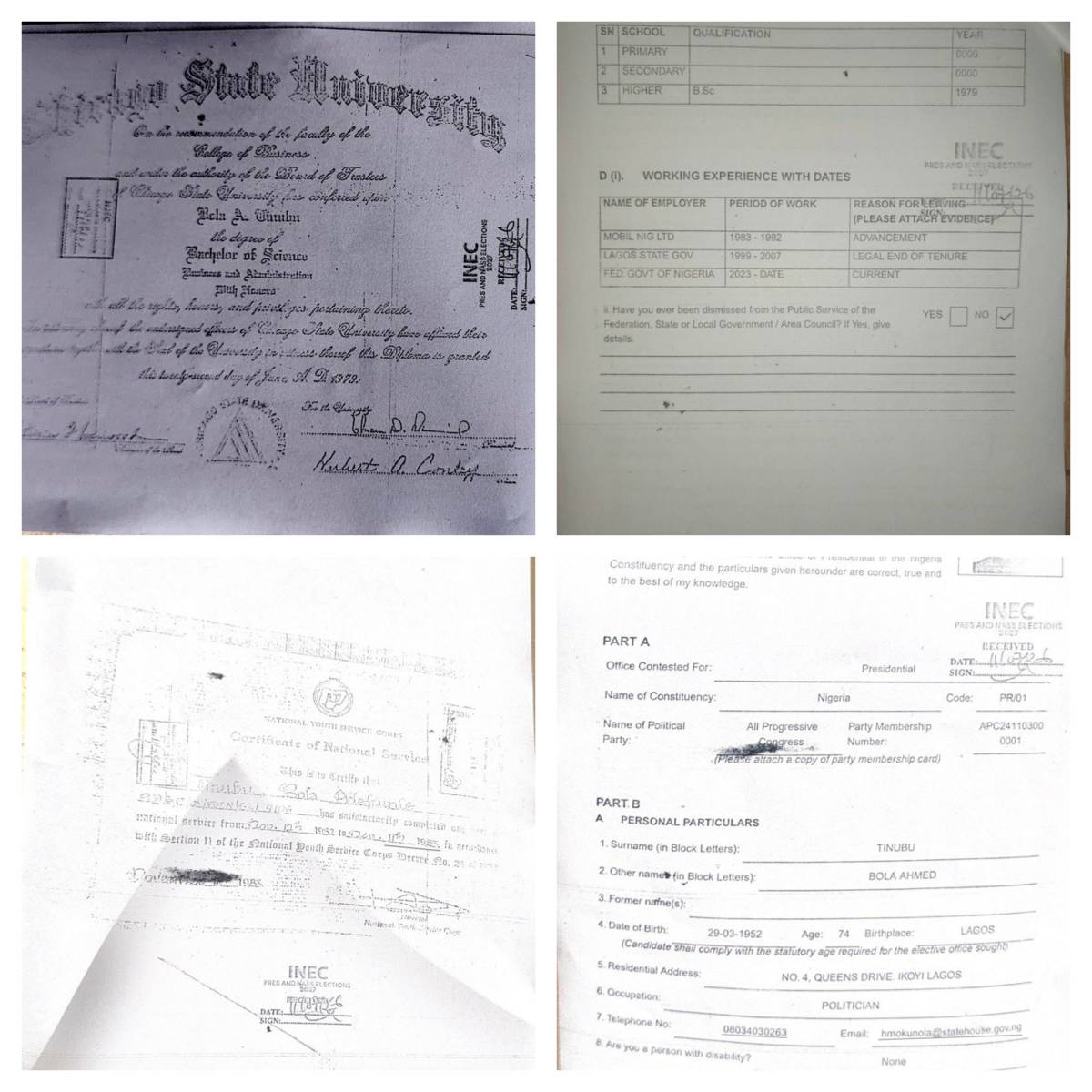 Credentials and personal particulars of President Bola Tinubu published by INEC today