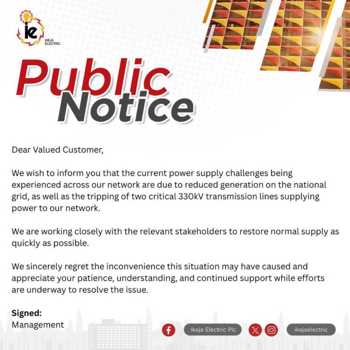 Power supply disruption across its network is due to reduced generation on the national grid and the...