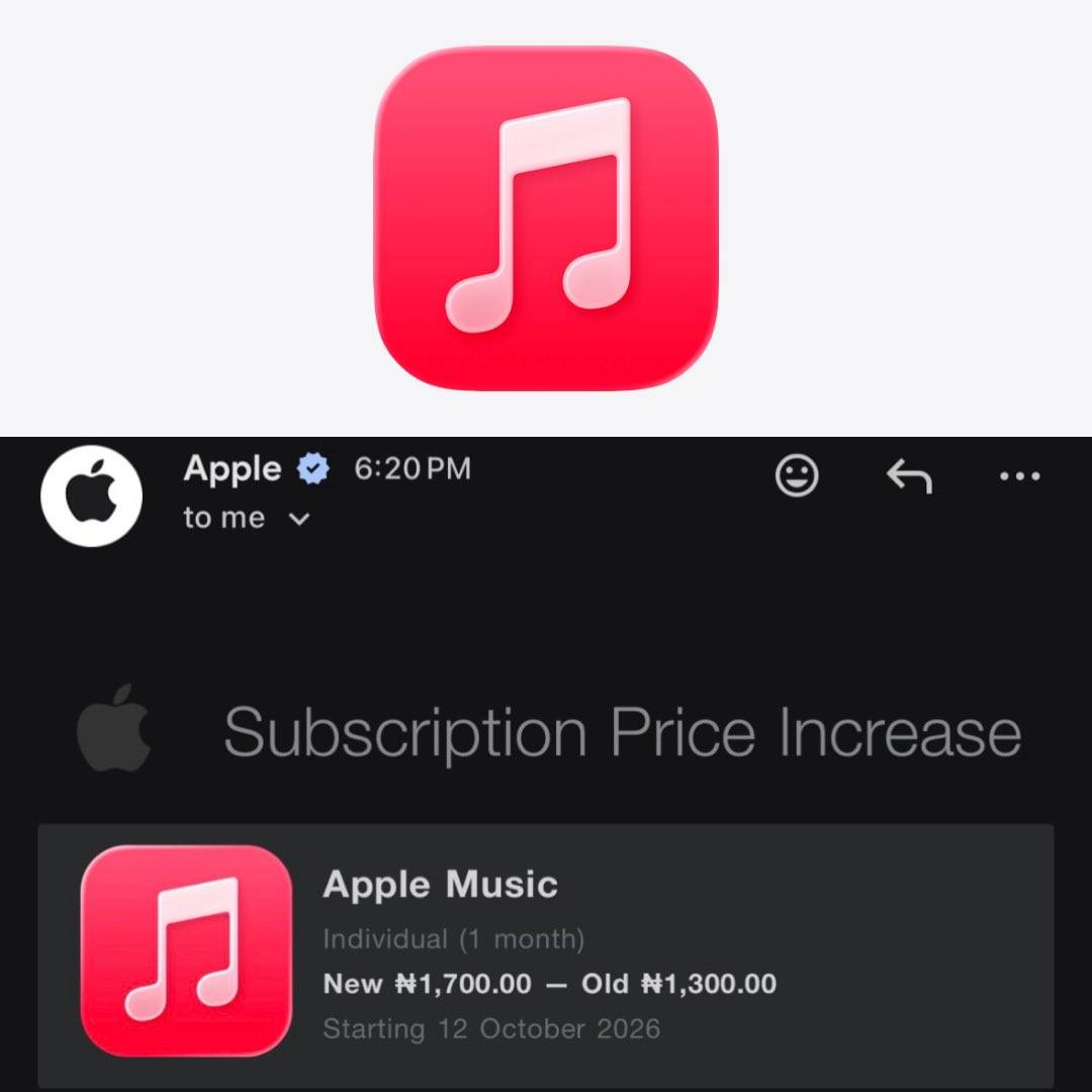 Apple Music has increased subscription prices for Nigerian 🇳🇬  subscribers.

Apples music Individual...