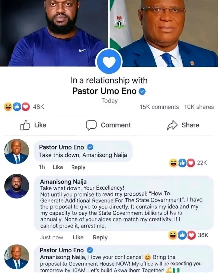 Governor Umo Eno Invites Content Creator Amanisong Naija to Government House
Akwa Ibom State Govern...