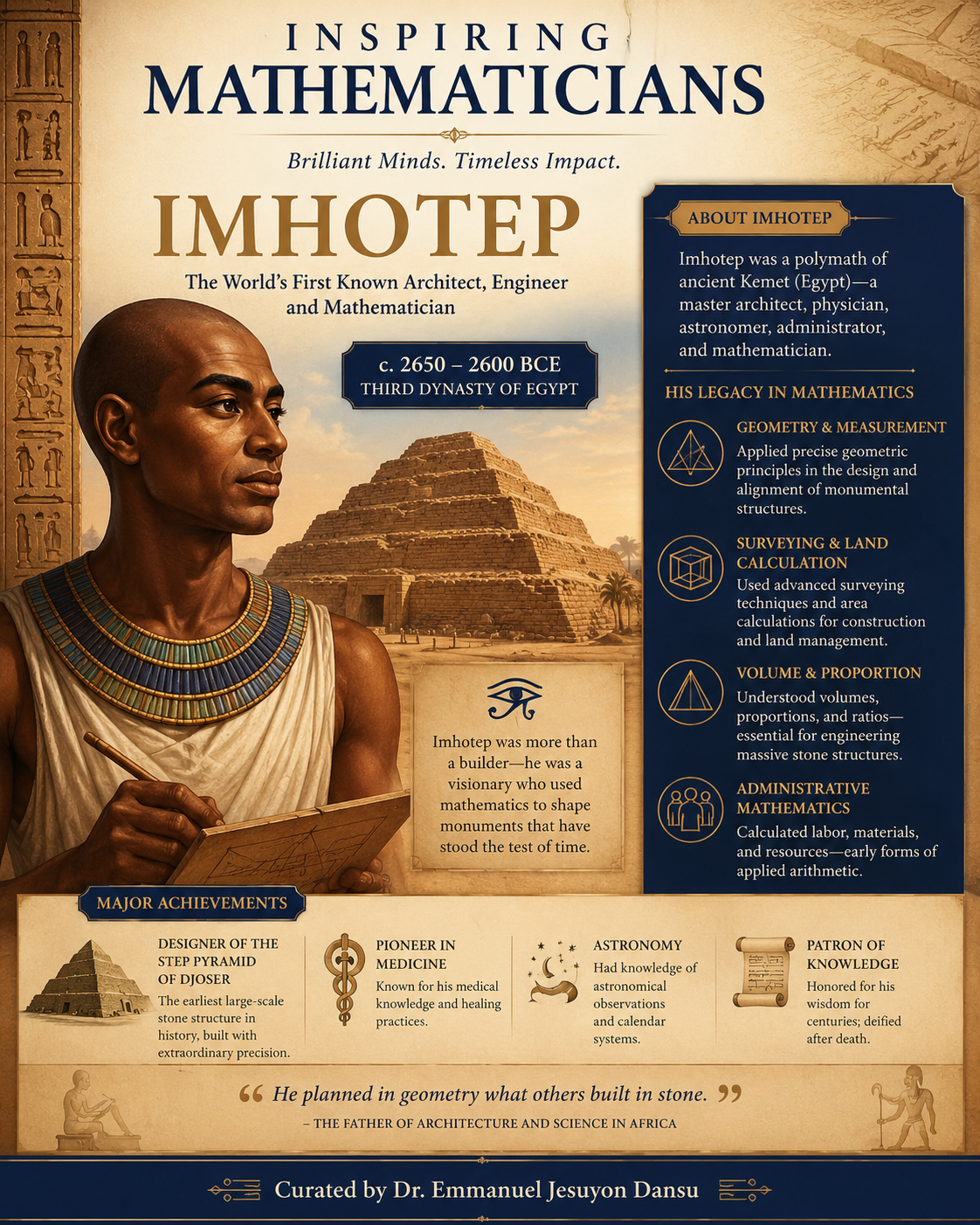 Inspiring Mathematicians 1: Imhotep
Imhotep was an extraordinary scholar, architect, engineer, phys...