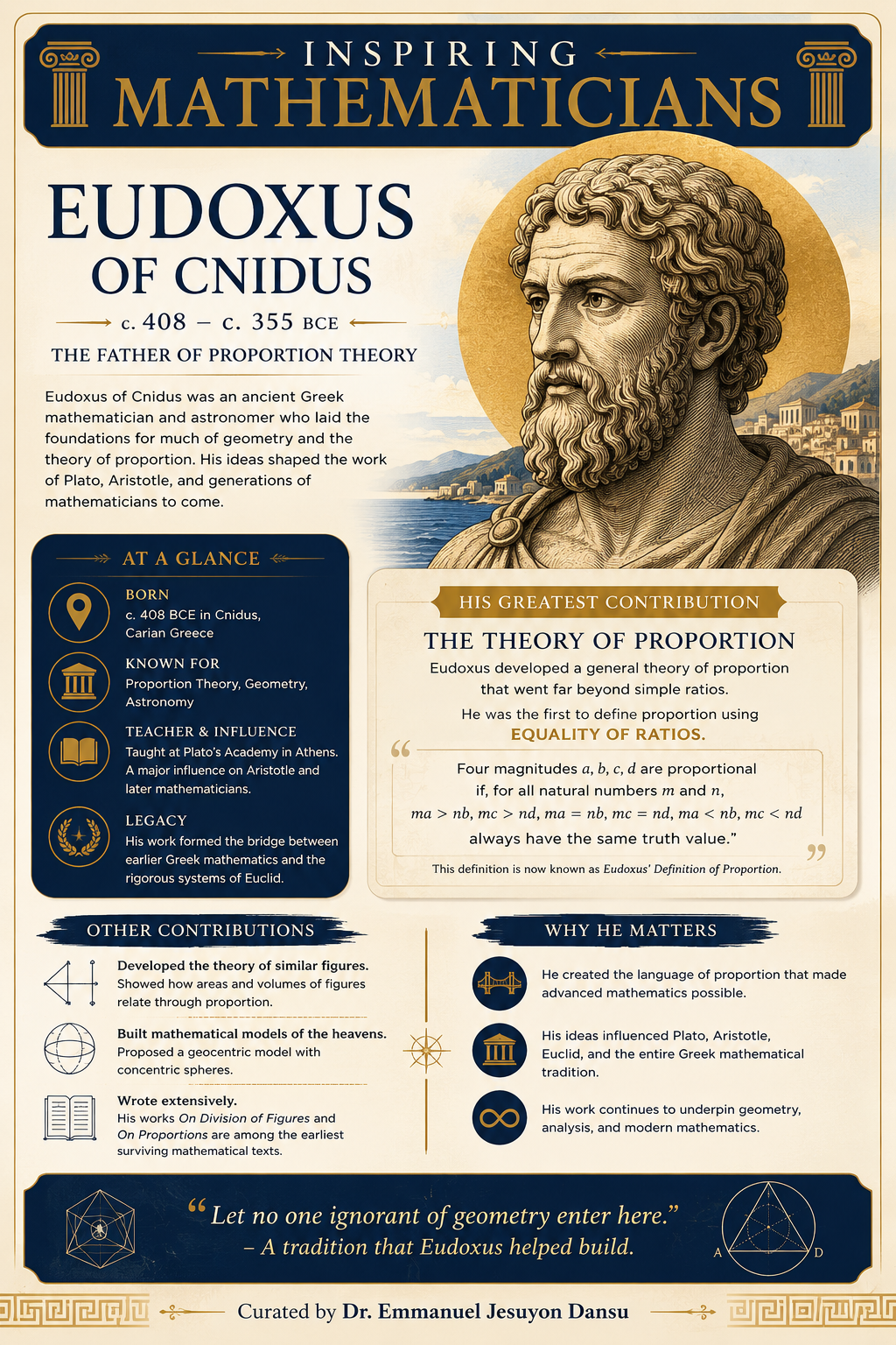 Inspiring Mathematicians 5: Eudoxus of Cnidus
Eudoxus of Cnidus was a brilliant Greek mathematician...