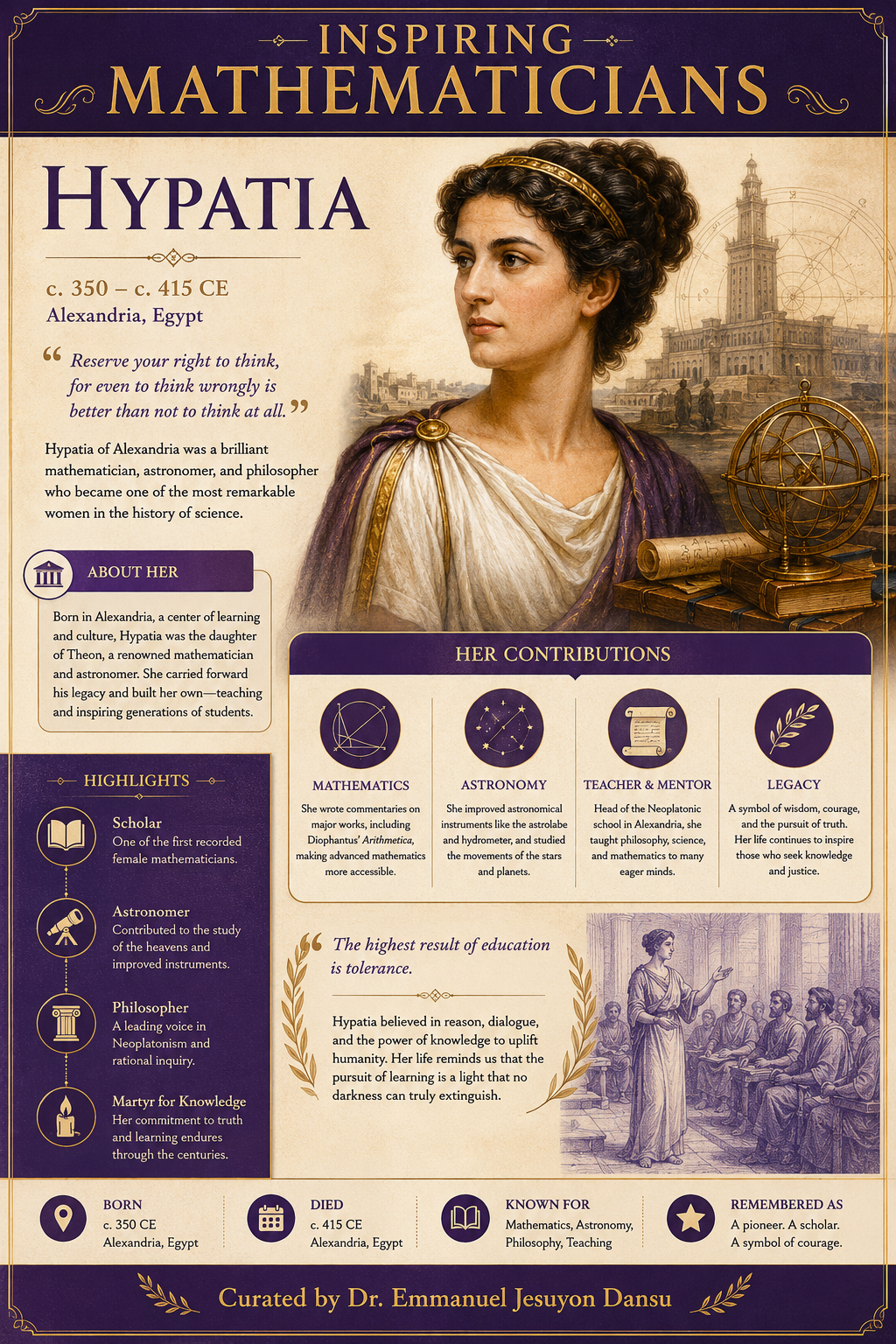 Inspiring Mathematicians 14: Hypatia
Hypatia was a distinguished mathematician, philosopher, and te...