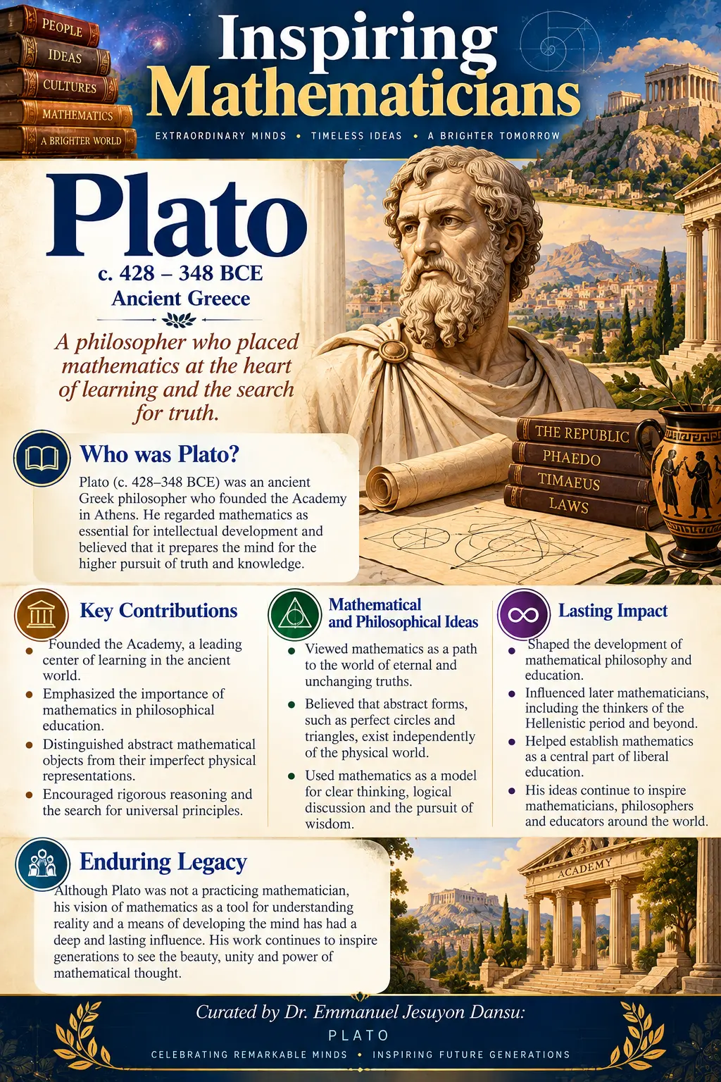 Inspiring Mathematicians 104: Plato
Plato (c. 428–348 BCE) was an ancient Greek philosopher whose i...