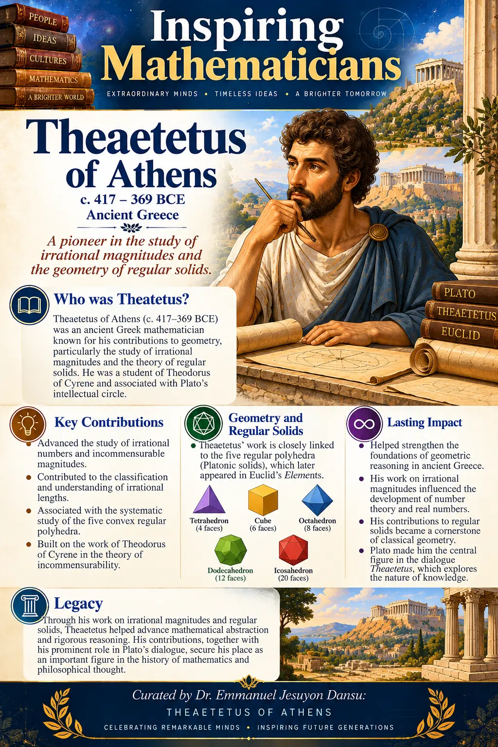 Inspiring Mathematicians 105: Theaetetus of Athens

Theaetetus of Athens (c. 417–369 BCE) was an anc...