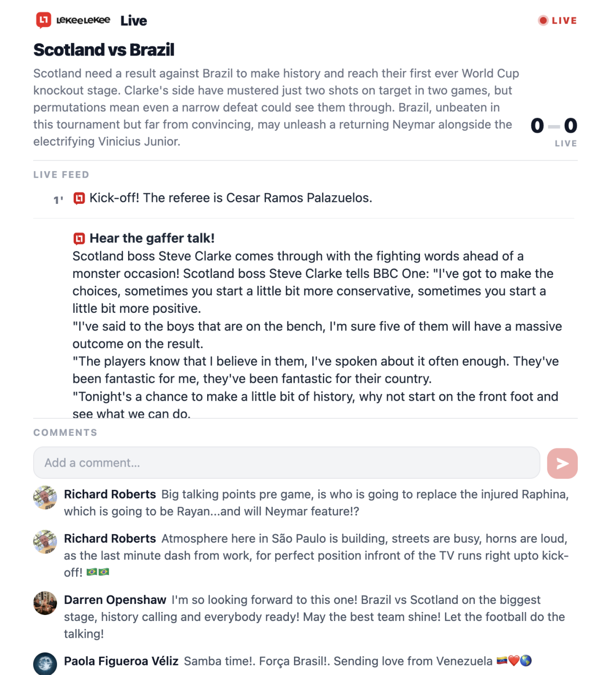 And the BIG game of the night is HERE for our brand new feature! ๐ฅ Brazil vs Scotland on the grande...