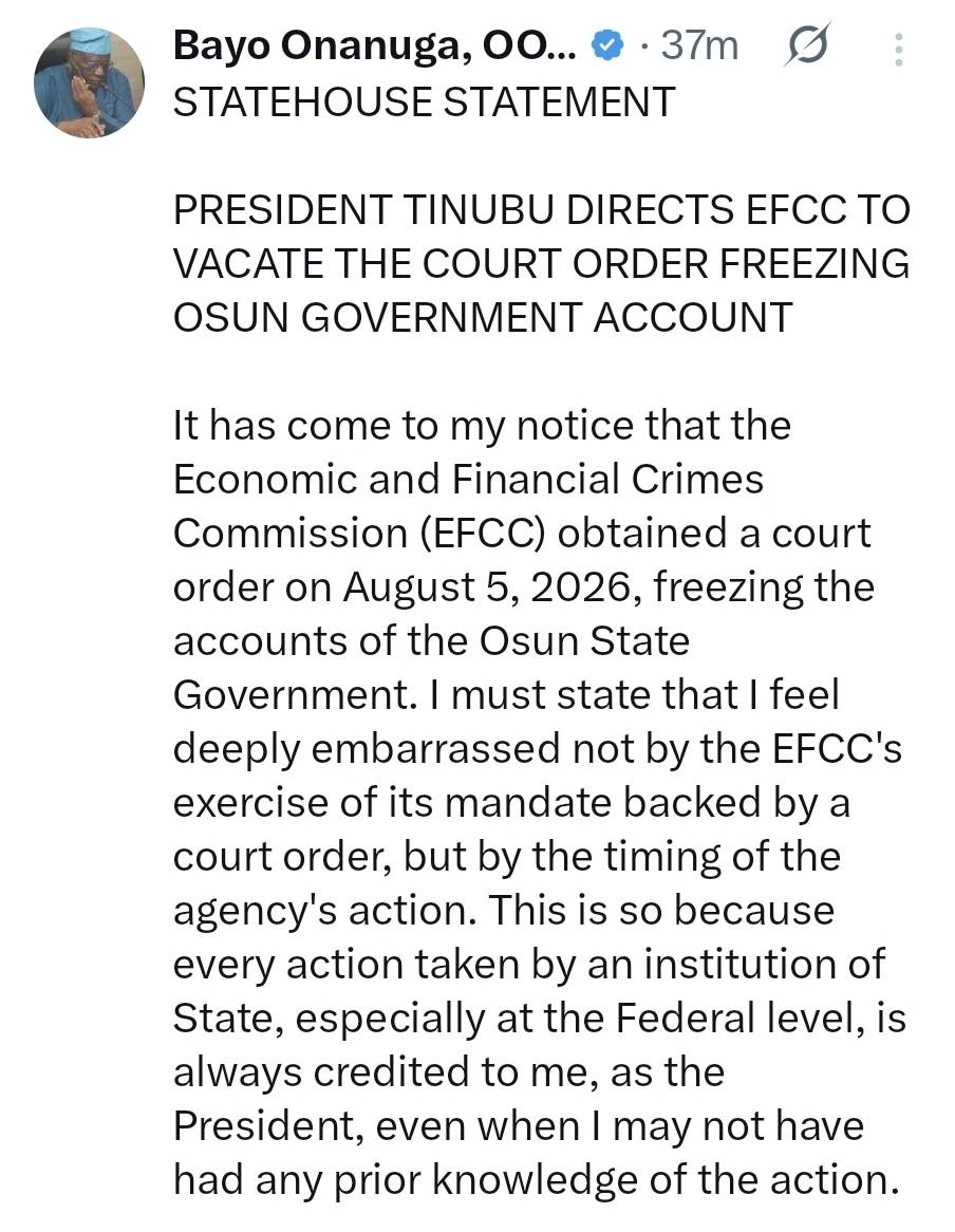 The prompt intervention by the President regarding the Osun State matter is highly commendable. Such...
