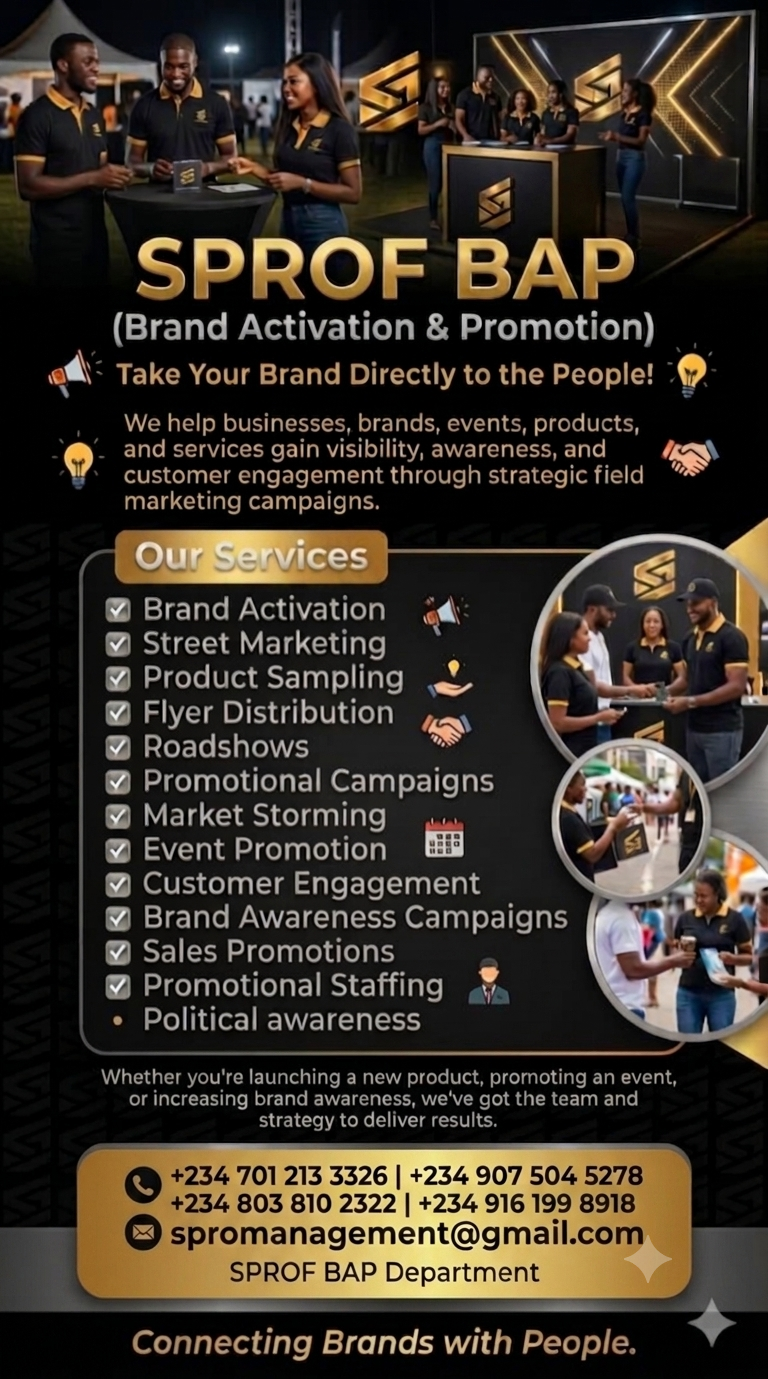 LETS HANDLE YOUR BRAND ACTIVATION AND PROMOTION. 

MORE INQUIRIES:  PLS CALL - 09075045278,080372880...