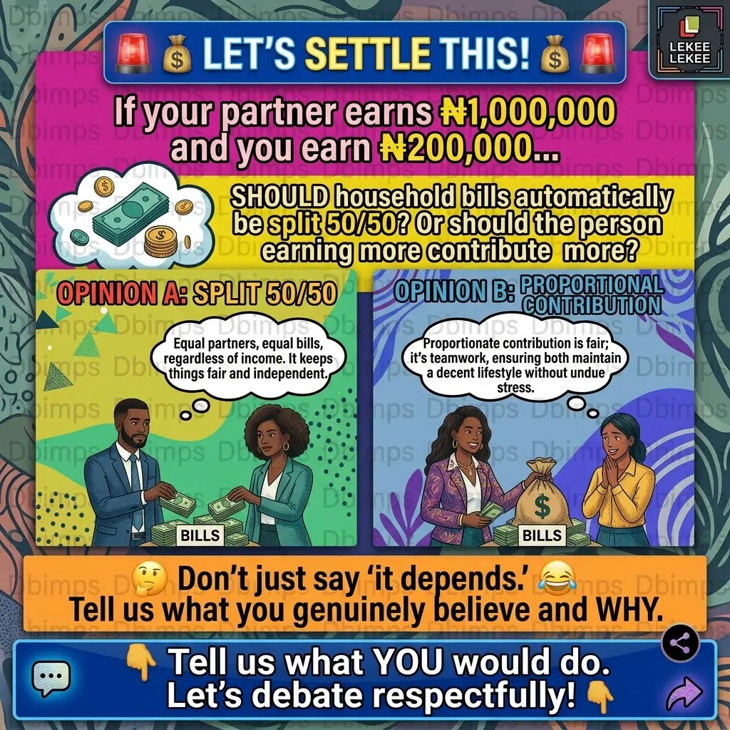💰 LET’S SETTLE THIS!
If your partner earns ₦1,000,000 and you earn ₦200,000…
Should household bil...
