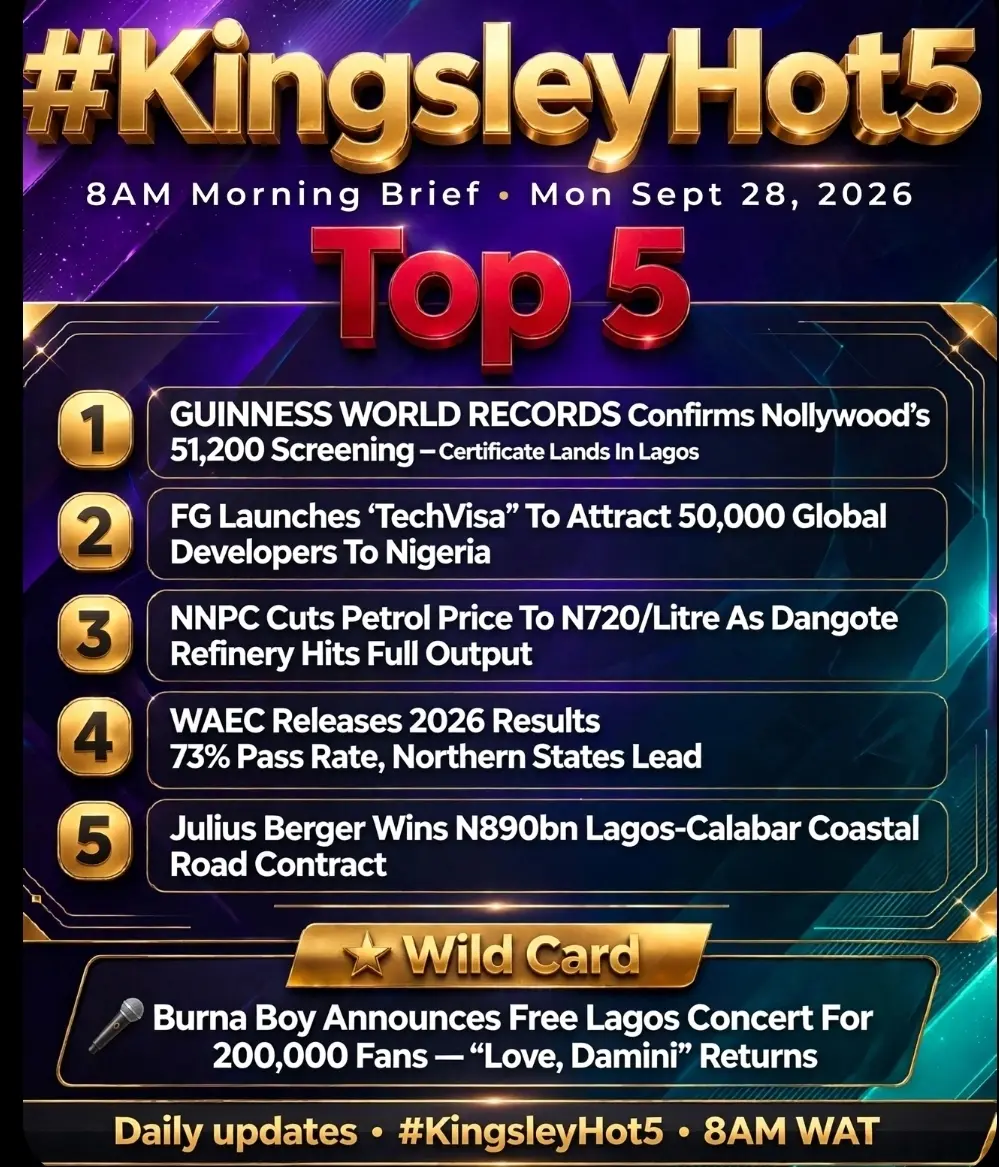 ๐ด #KingsleyHot5 โ 8AM Morning Brief โ๏ธ
Mon Sept 28, 2026 | Monday drop
1. ๐ GUINNESS WORLD RECORD...