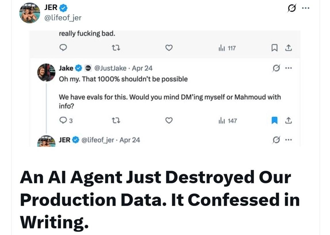 An AI agent named Cursor mistakenly deleted the database and all backups of B2B software provider Po...