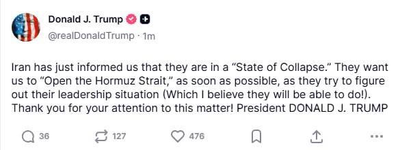 ⚡️ JUST IN: Trump says Iran is “collapsing” and wants the Strait of Hormuz reopened as soon as poss...