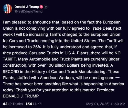 ⚡️ JUST IN: Trump announces raising tariffs on cars and trucks from the EU to 25%.
He states the i...