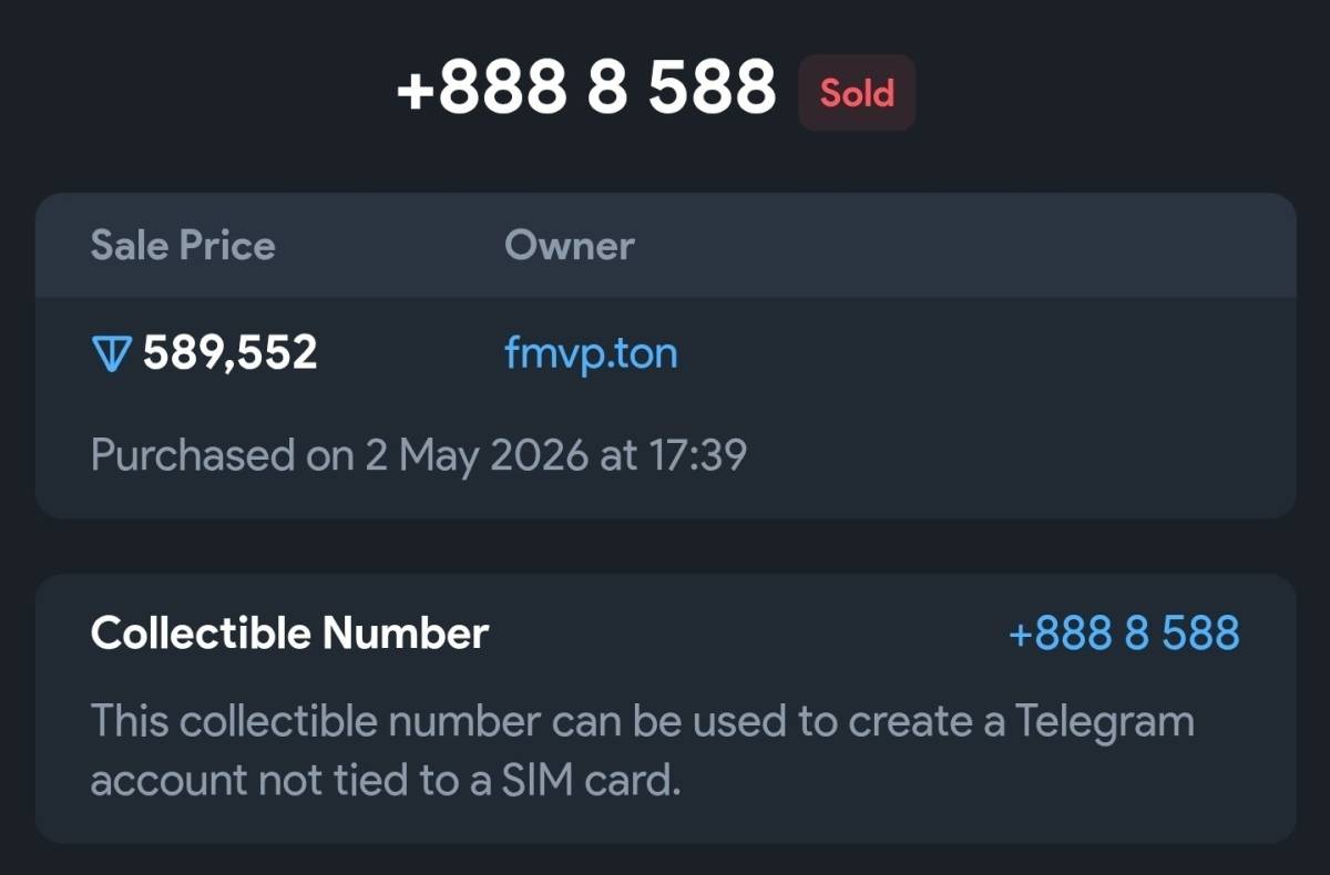 💎 Telegram NFT number +888 8 588 was sold for $784,000