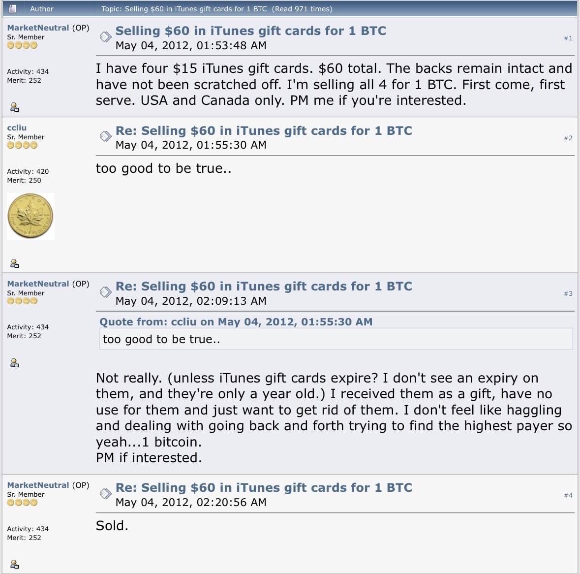 ๐ Just Fun Fact: On this day 14 years ago, a forum user sold $60 of iTunes gift cards for 1 bitcoin