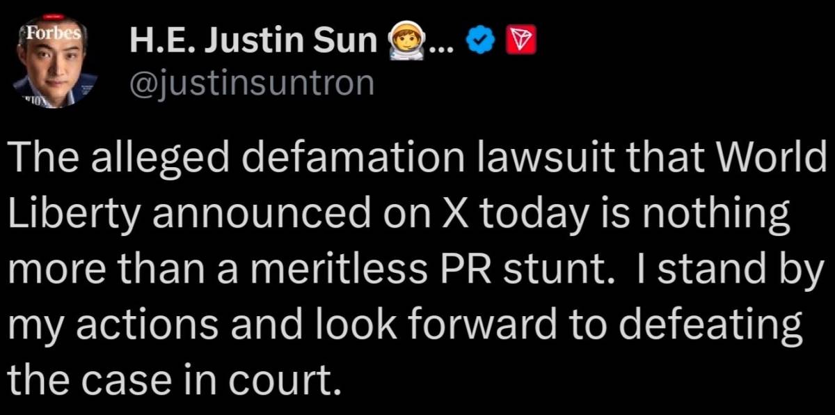 ⚠️ Justin Sun says the WLFI lawsuit is just a meritless PR stunt and vows to fight it in court