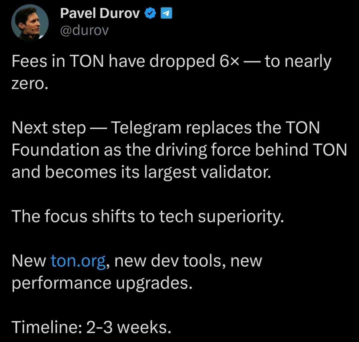 ๐ Pavel Durov announced that Telegram will replace the TON Foundation "as the driving force behind...