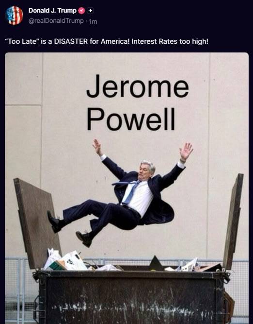 ⚡️ JUST IN: Trump calls Fed Chair Powell a "disaster for America" and says interest rates are too h...