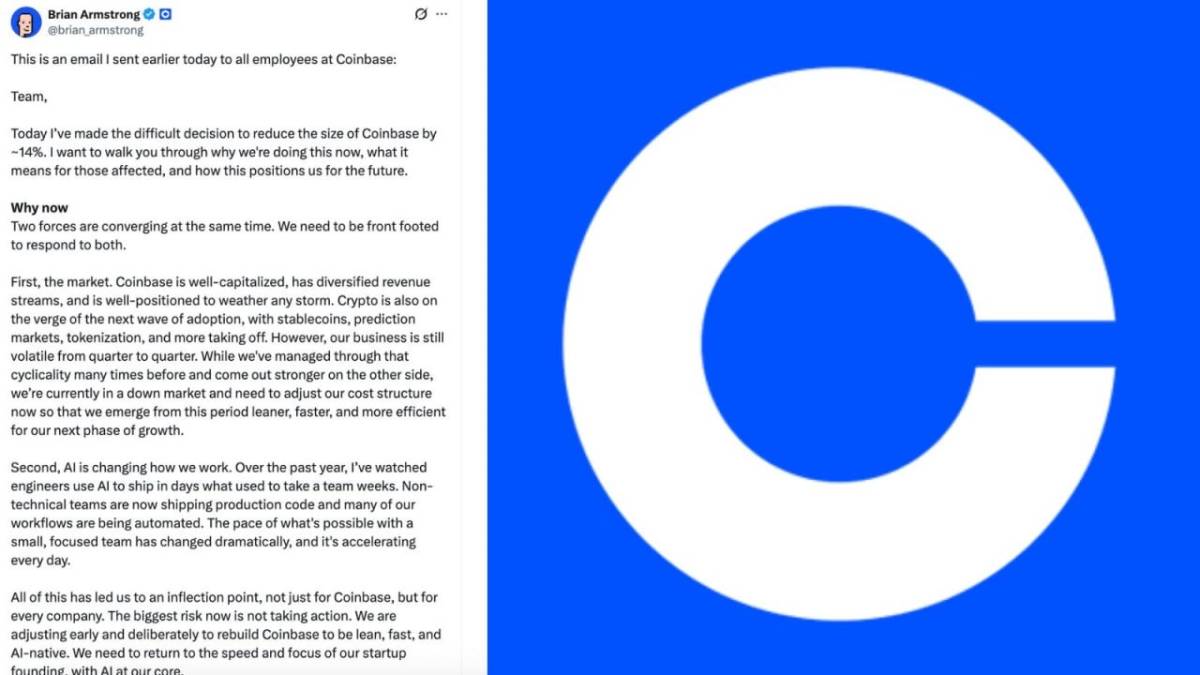 ⚡️ JUST IN: Coinbase will cut its workforce by approximately 14%.