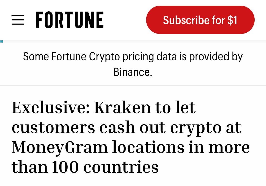 ⚡️ JUST IN: Kraken will allow customers to cash out crypto at MoneyGram locations in over 100 count...