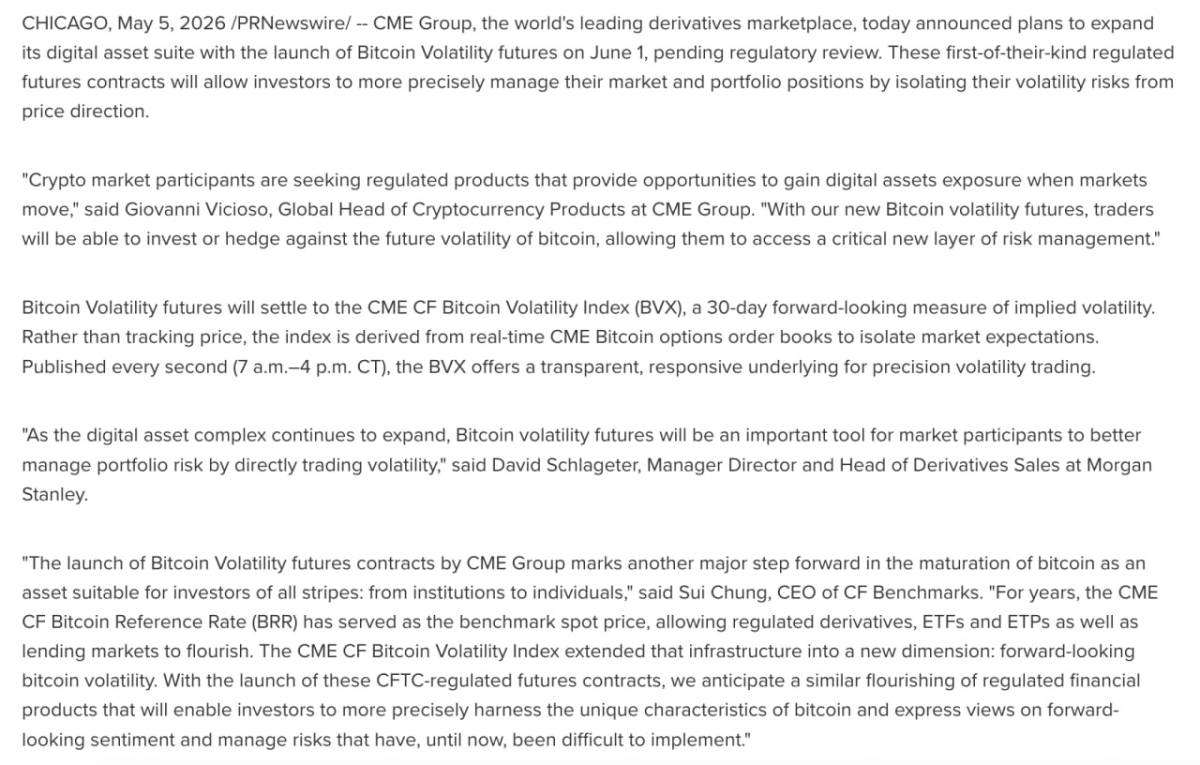 ⚡️ JUST IN: CME Group will launch Bitcoin volatility futures contracts.