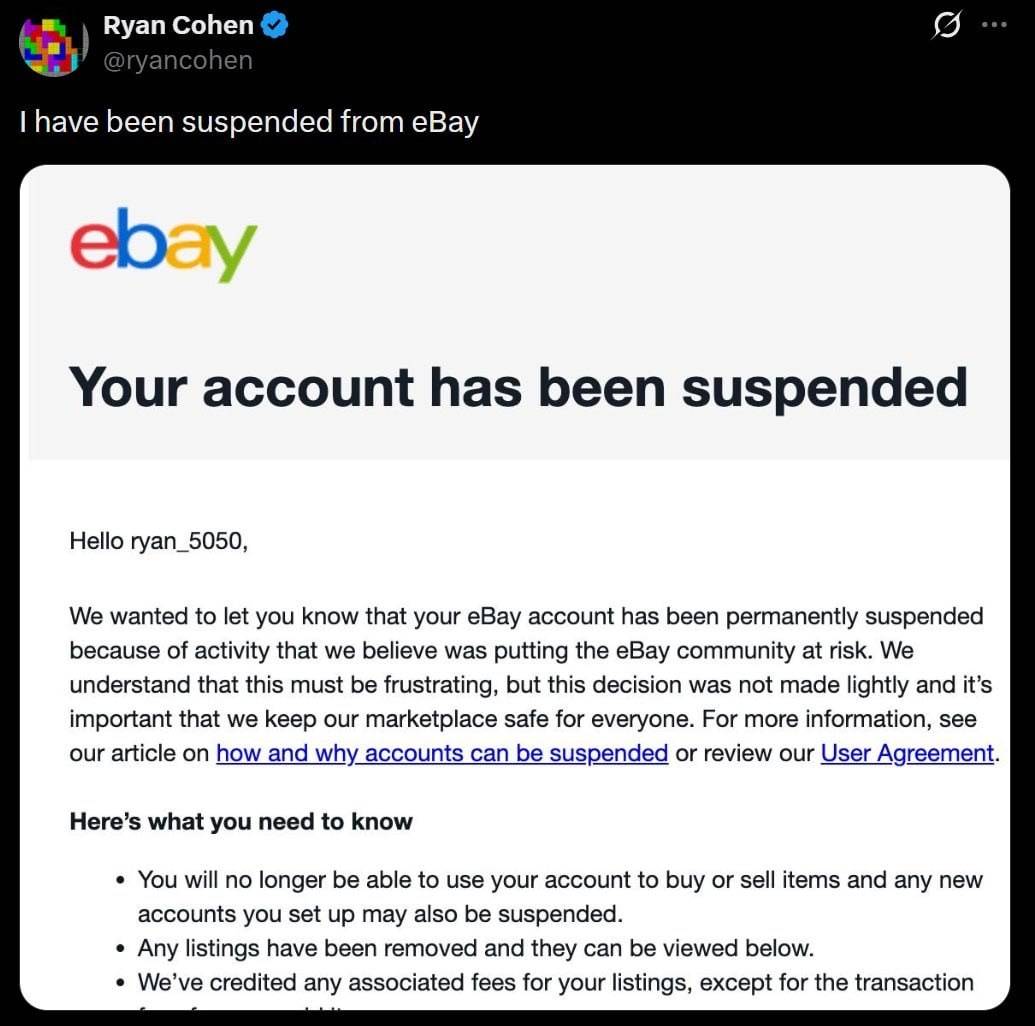 GameStop CEO Ryan Cohen has been suspended from eBay just two days after proposing a $56 billion acq...