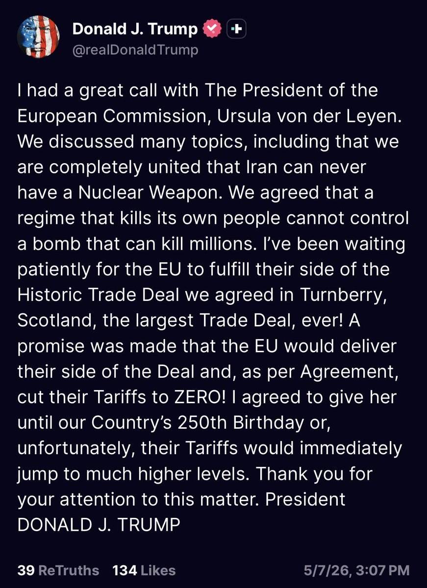 ⚡️ JUST IN: Trump says the EU has until July 4th to implement the US-EU trade deal or tariffs will...