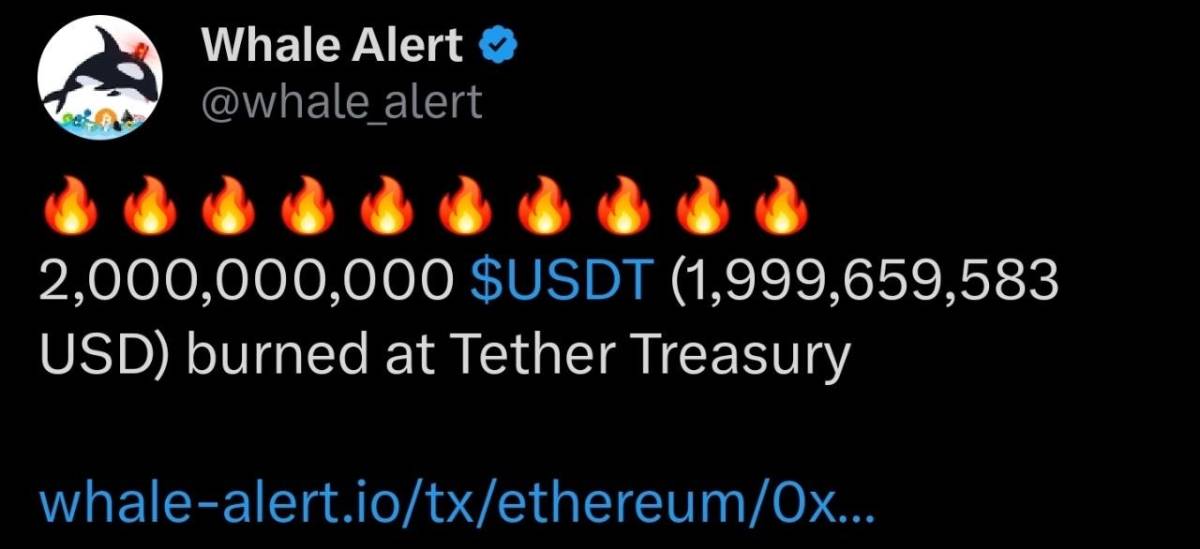 🔥 Whale Alert: 2,000,000,000 USDT just burned at Tether Treasury