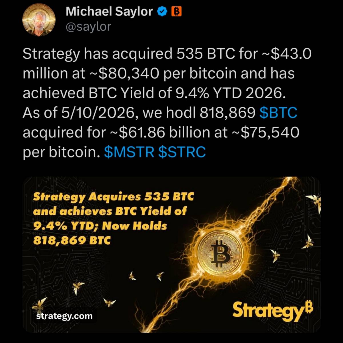 ๐ช Strategy has acquired 535 BTC for ~$43M at ~$80,340 per BTC, now holds 818,869 BTC