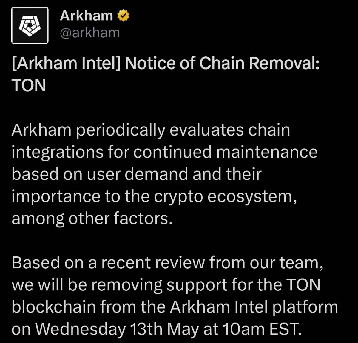 ❕ Arkham will remove the TON blockchain from the Arkham Intel platform