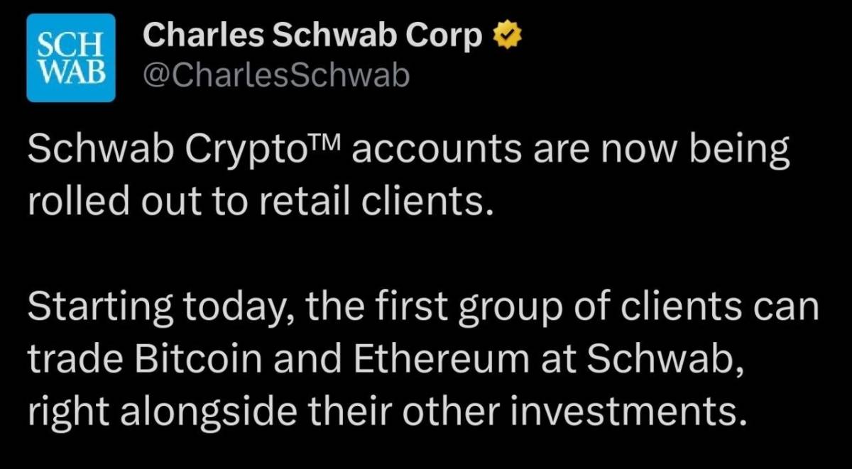 ⚡️ Charles Schwab launches spot BTC, ETH trading to select retail clients