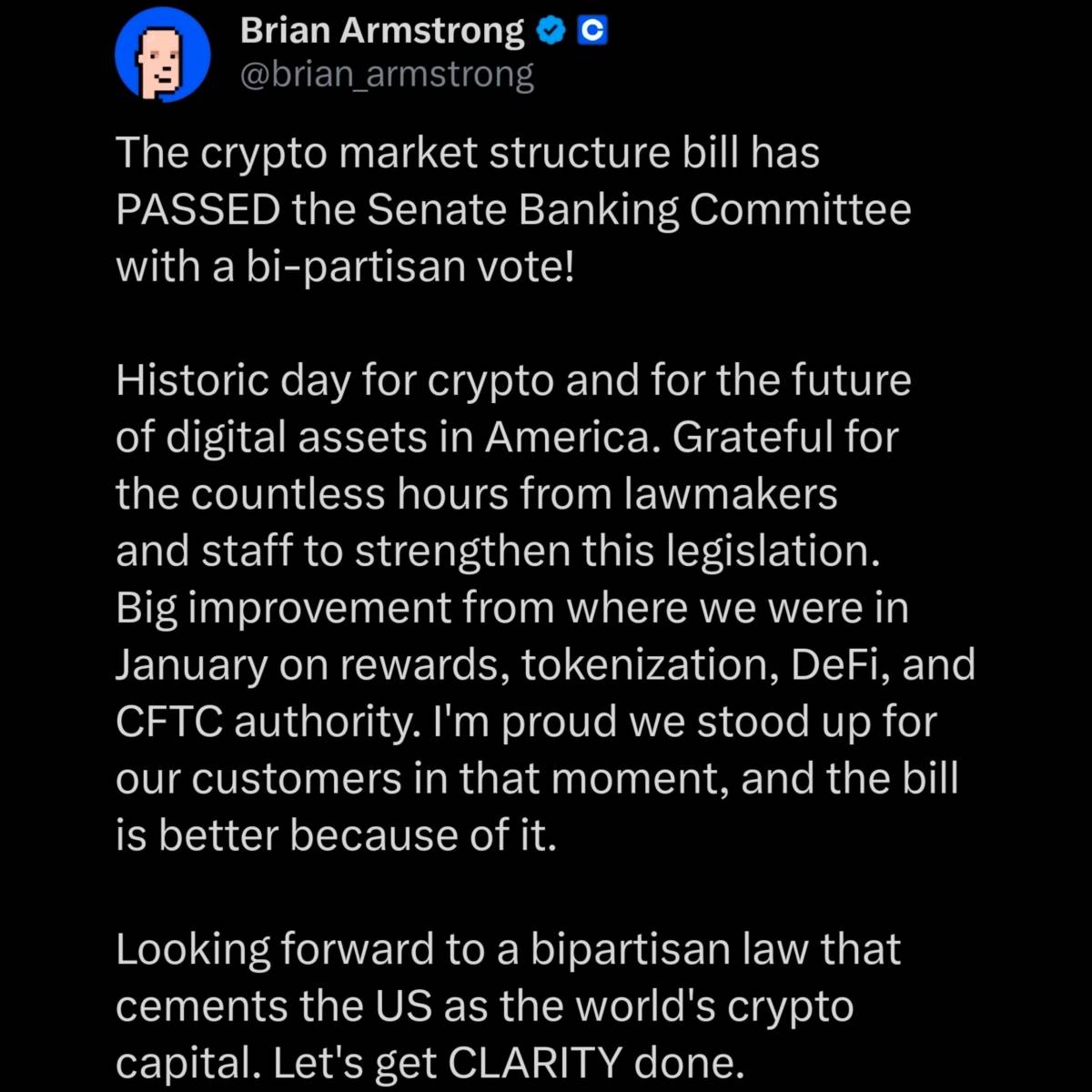 ๐ฃ Coinbase CEO celebrated the Senate Banking Committee's bipartisan passage of the crypto market st...