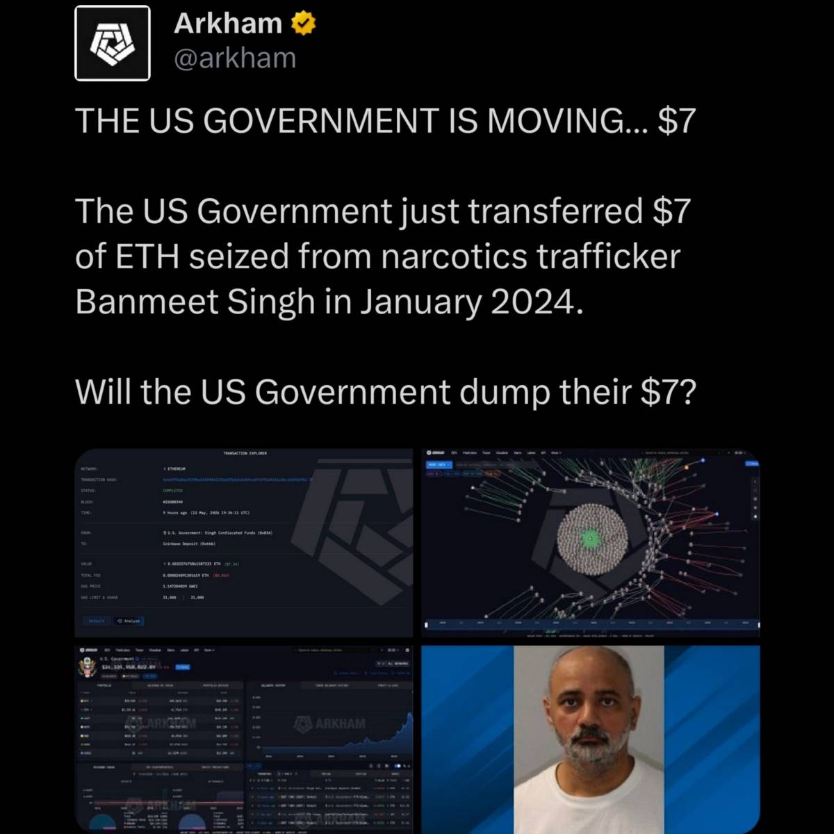 ⚠️ Just Fun Fact: The US Government transferred $7 of ETH, seized from narcotics trafficker in Janua...