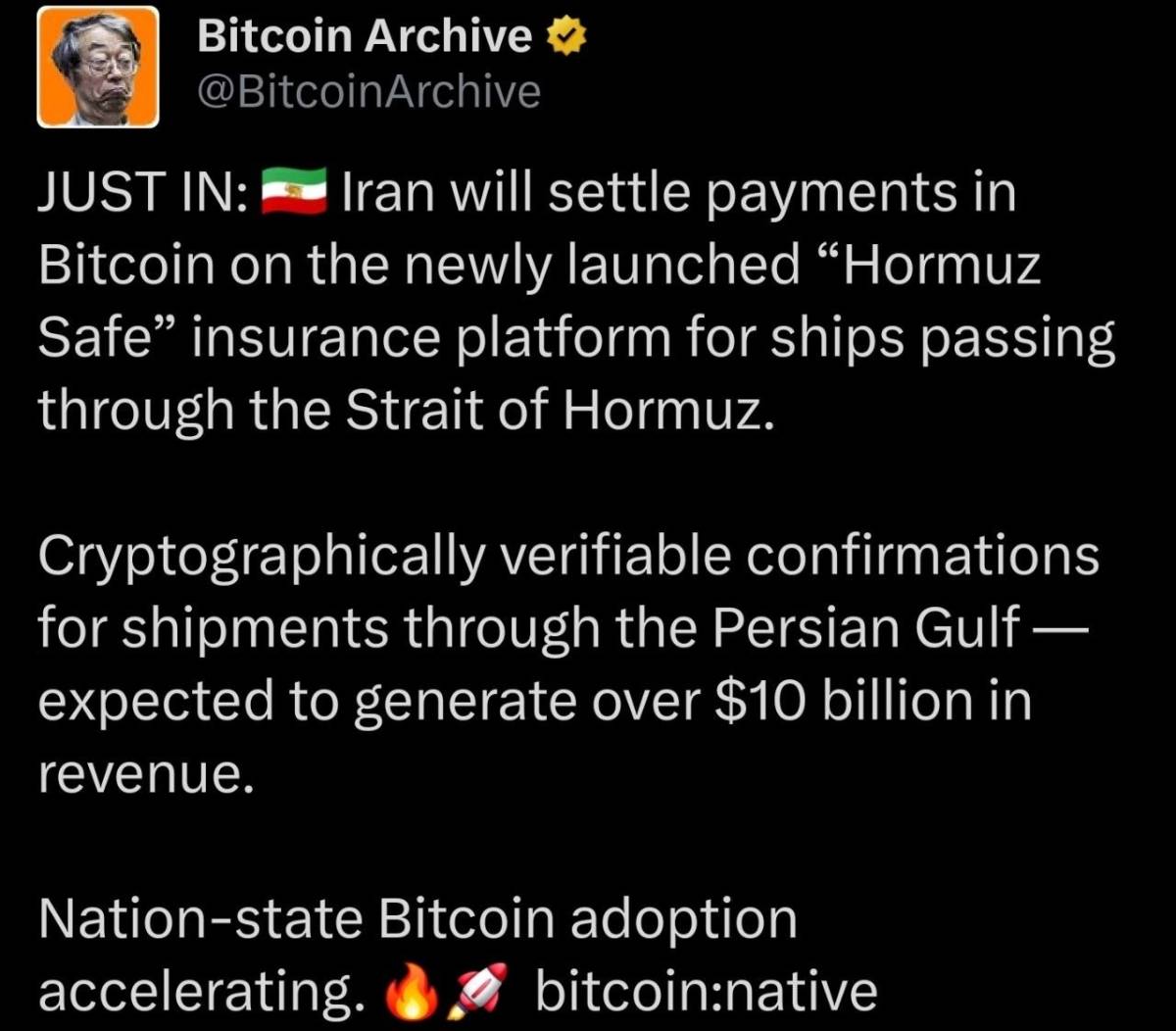 ๐ช Iran launches Bitcoin-powered "Hormuz Safe" insurance for Strait of Hormuz ships