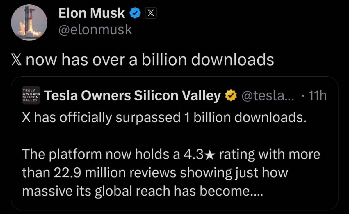 🔝 Elon Musk says 𝕏 has surpassed 1,000,000,000 downloads