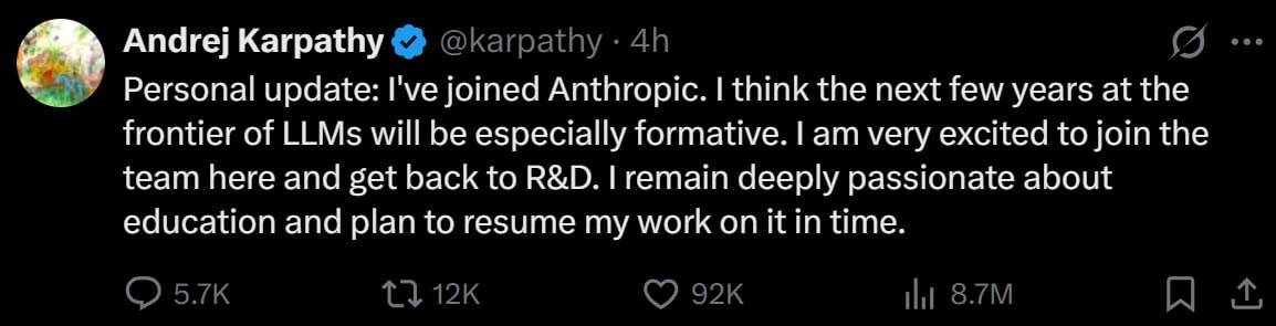 OpenAI co-founder Andrej Karpathy joins Anthropic.