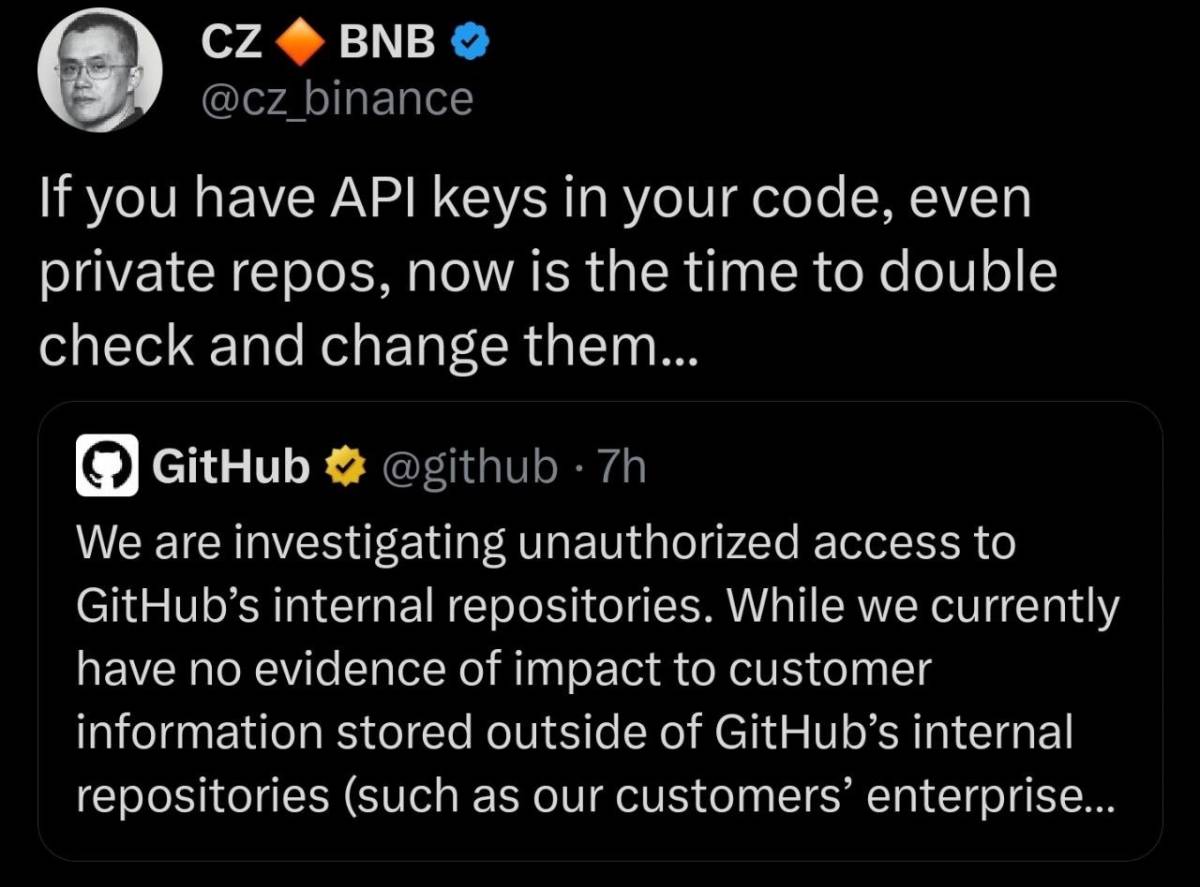 ๐ฃ Binance founder CZ warns developers amid GitHub's security breach