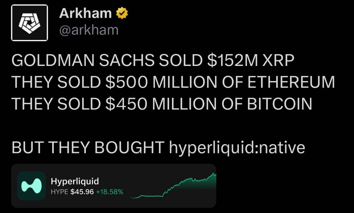 ⚡️ Goldman Sachs dumps XRP, slashes BTC & ETH, buys Hyperliquid
Goldman Sachs dumped all major XR...