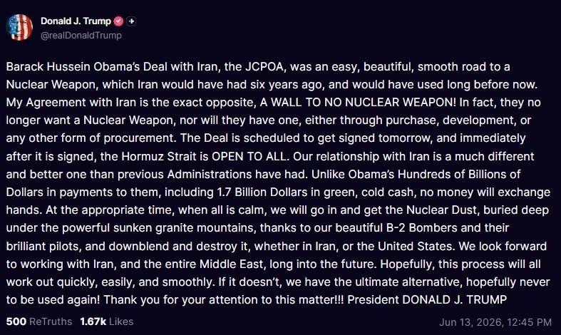 ⚡️ JUST IN: Trump says a deal with Iran is set to be signed tomorrow, immediately reopening the Str...