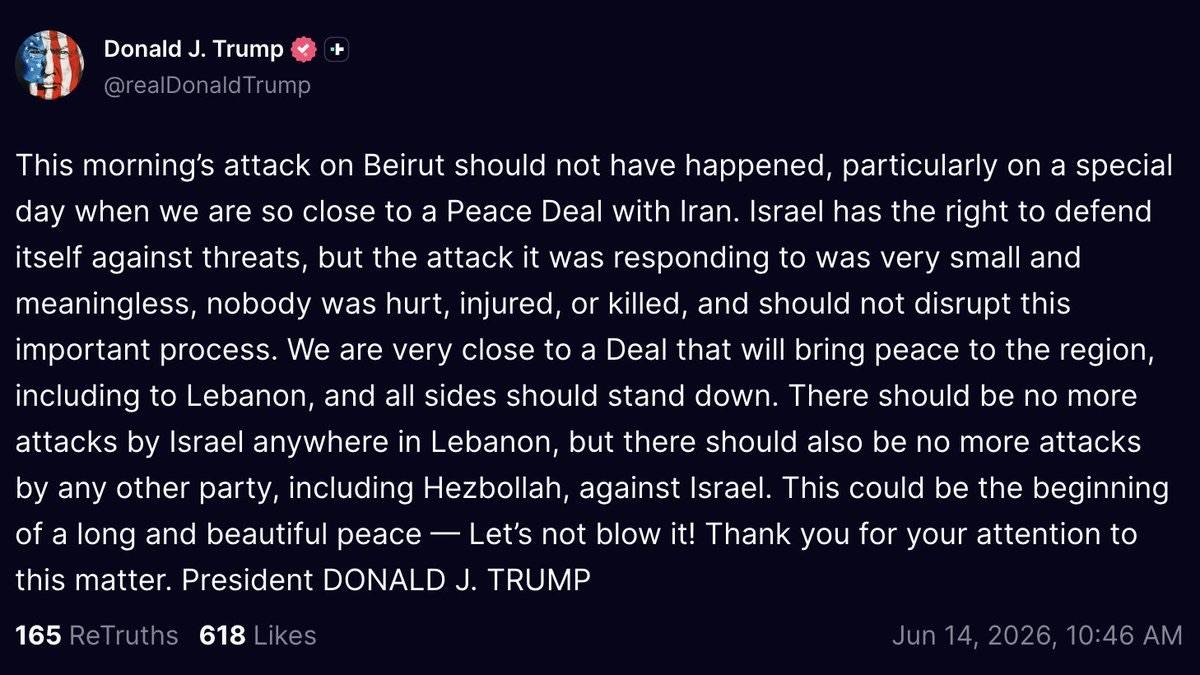 ⚡️ JUST IN: Trump issues a statement on Israel's attack on Beirut this morning.