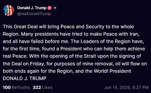 Trump confirms US and Iran will sign a peace deal on June 19.