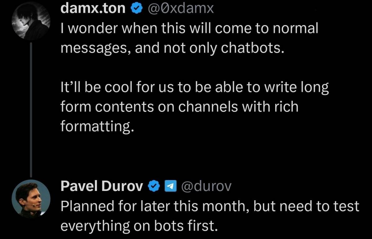 ๐ Pavel Durov announced on X that the Rich Messages editor for users is scheduled to launch later t...