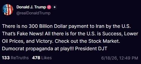 ⚡️ JUST IN: Trump says there is no $300 billion payment to Iran by the US.
He adds that the US is...