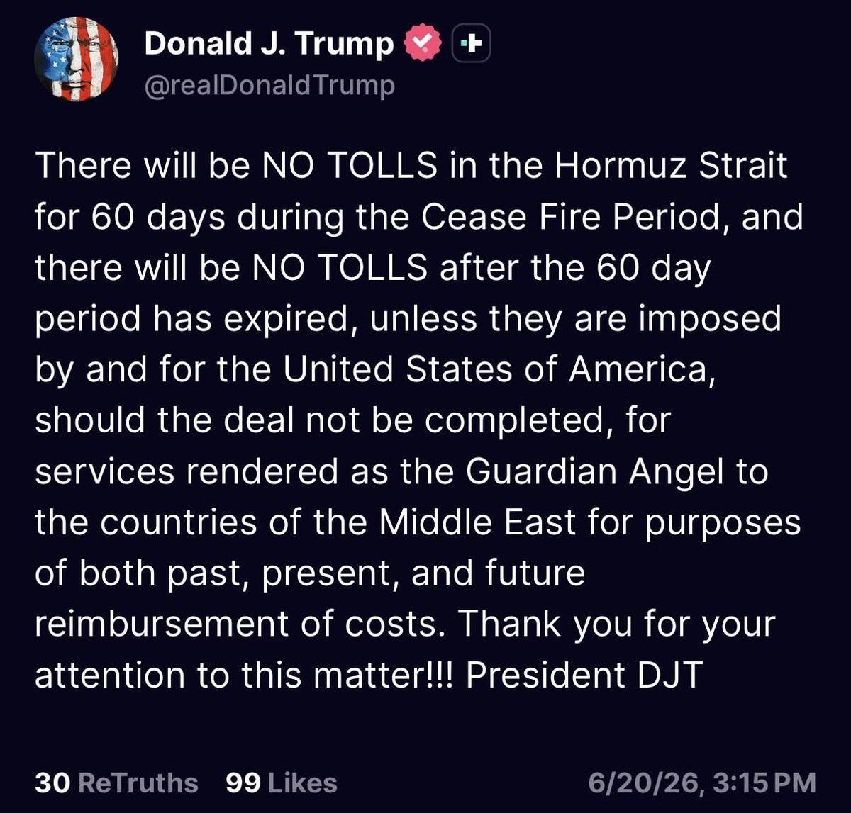 ⚡️ JUST IN: Trump says Iran will not impose tolls on vessels in the Strait of Hormuz for 60 days....