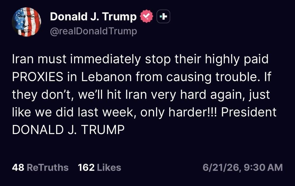 ⚡️ JUST IN: Trump threatens to “hit Iran very hard again” if they do not “immediately stop their pr...