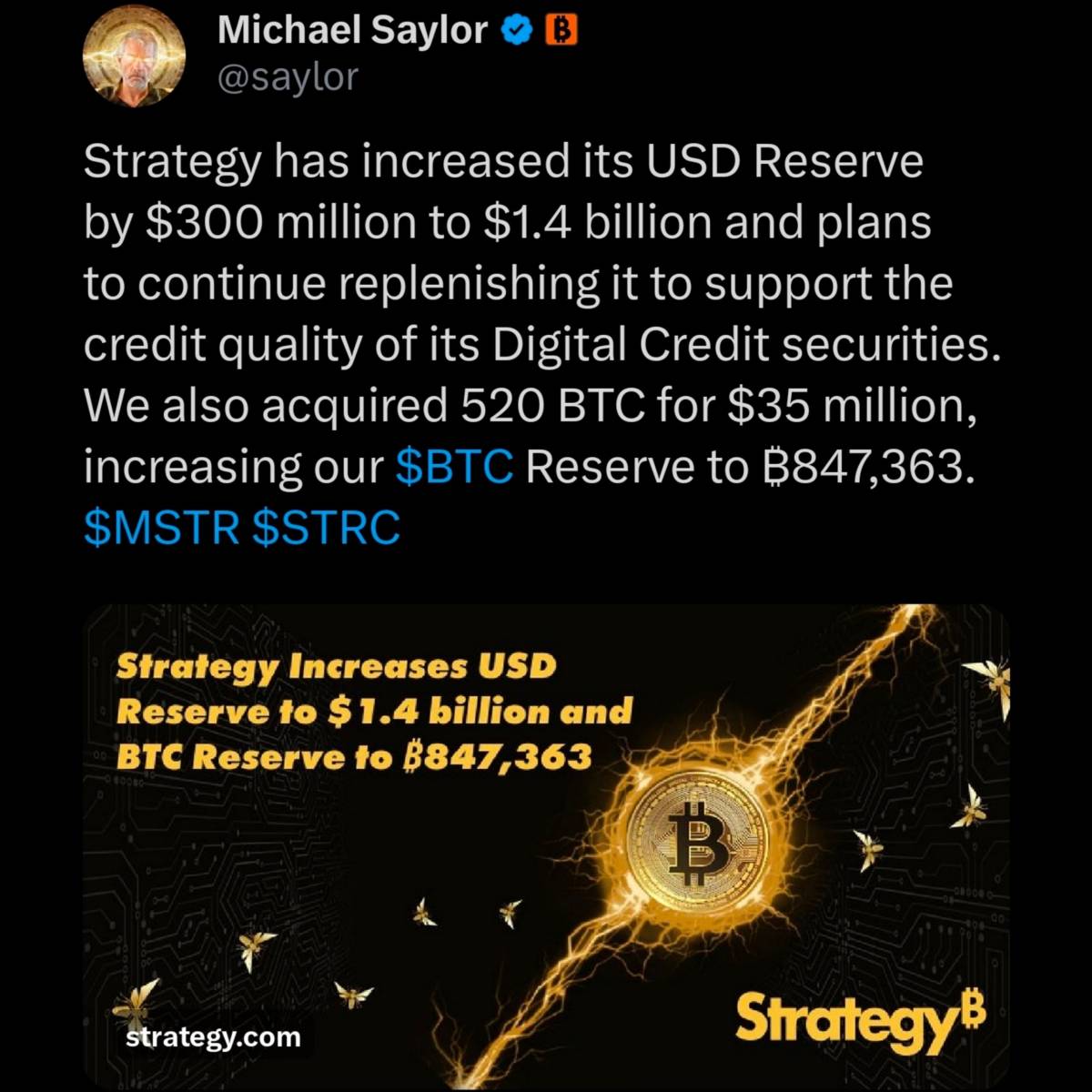 ๐ช Strategy has acquired 520 BTC, increased USD Reserve by $300M to $1.4B