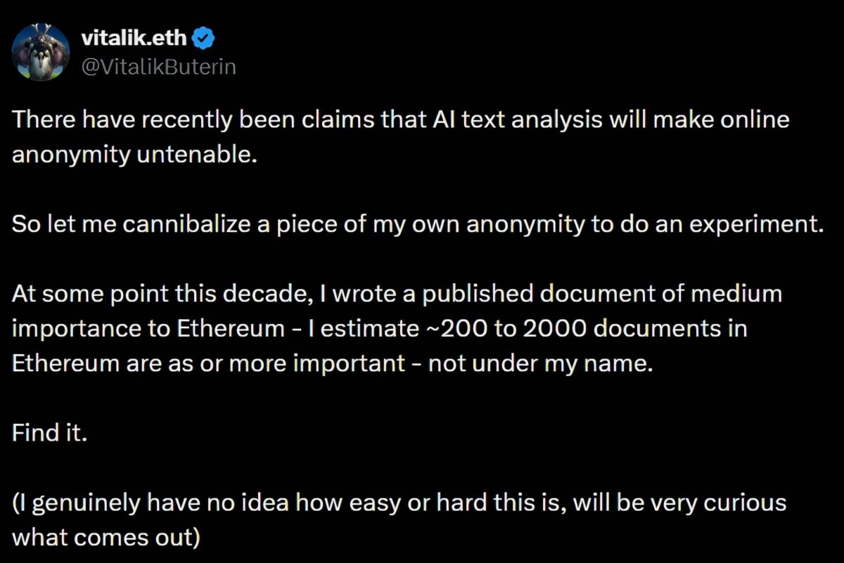 ๐ฃ Vitalik Buterin is challenging AI text analysis to find an anonymous Ethereum document he wrote t...